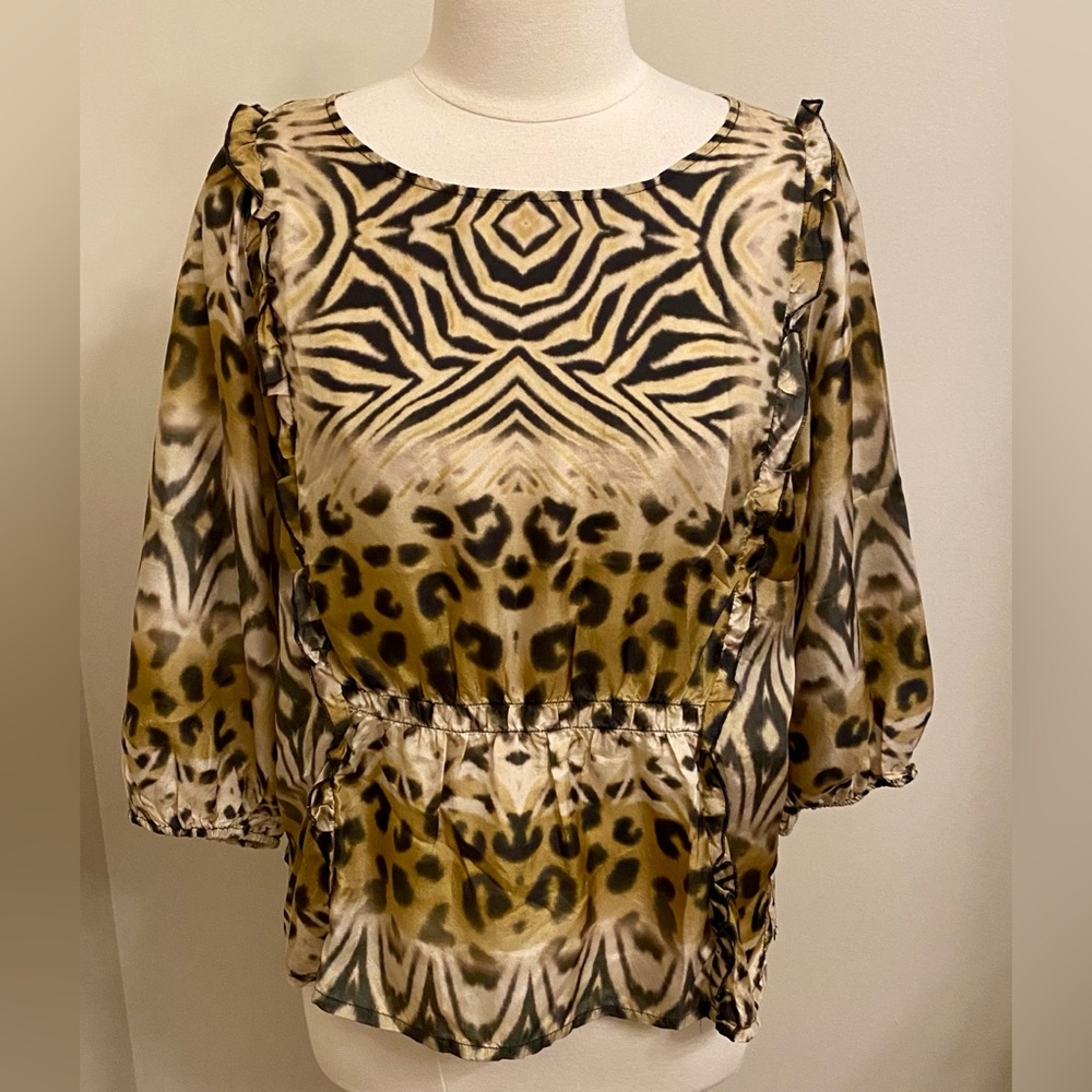 Johnny Was Aisha Brown Cream Animal Print SZ M Safari Boho Chic Silk Ruffle Top